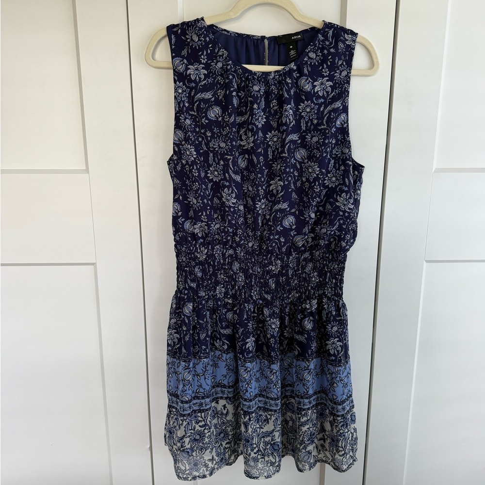 Aqua Navy and Light Blue Floral Midi Dress